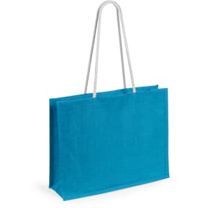 A blue tote bag with white handles and a simple design. The bag features branding.