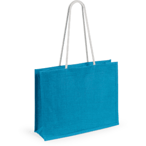 A turquoise tote bag with white handles and a simple design. It features a logo on the side.