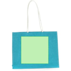 A turquoise tote bag with white handles and a blank green area in the centre. Branding is present on the bag.