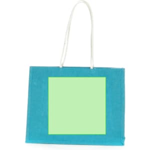 A turquoise tote bag with white handles and a mint green square in the centre. It features a logo.