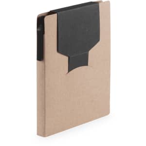 A brown notepad with a black holder, featuring a minimalistic design and an integrated writing tool.