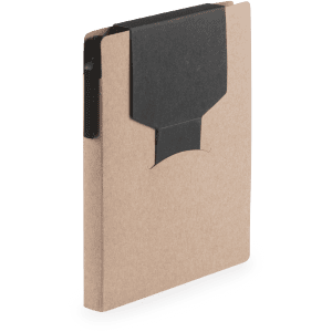 A beige sticky notepad with a black closure, featuring a smooth surface and a minimalist design.