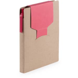 A Cravis Sticky Notepad in a brown cover with a red accent and a pink pen attached.