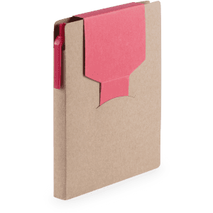 A brown notepad with a pink flap and an attached pen, featuring a logo on the cover.