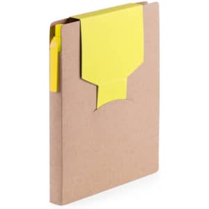 A brown notepad with a yellow sticky note attachment; features a logo on the front.