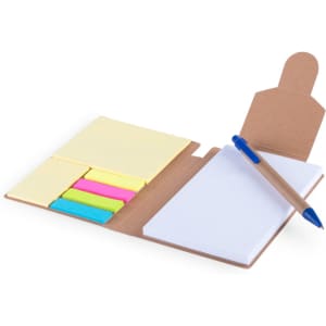 A notepad with a pen and sticky notes in yellow, green, pink, and blue. It features a branded cover.