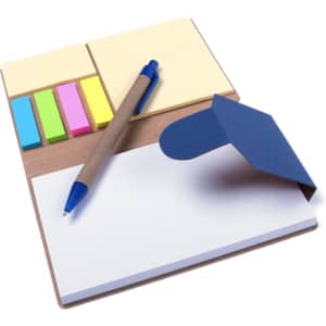 A notepad set featuring a blue pen, sticky notes in yellow, pink, green, and a large white notepad, with a cardboard backing.