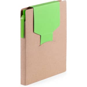 A brown notepad with a green sticky note section and a green pen attached. The notepad has a minimalist design and a logo.