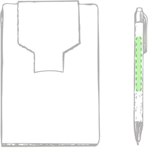 A white notepad with a green accent and a pen beside it. The notepad features a flap at the top and has a logo.