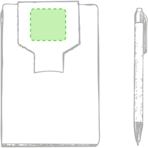 A notepad with a green sticky note attachment on top, accompanied by a pen on the side.