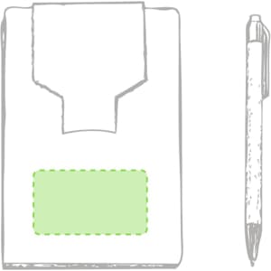 A sticky notepad with a green section and a pen beside it. The notepad has a simple design and includes branding.