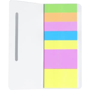 A sticky notepad with bright pink, yellow, green, blue, and orange notes in a white cover, featuring a logo.