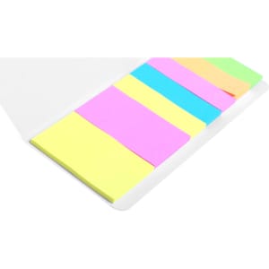 A notepad with sticky notes in yellow, pink, blue, and green colours, packaged in a white holder.