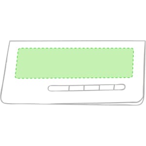 A white notepad with a green sticky note area and a button panel at the bottom. It features a logo.