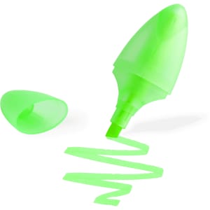 A green highlighter with a cap, featuring a chisel tip and a zigzag line of bright green ink.