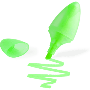 A green highlighter with a cap, featuring a zigzag line of bright green ink. It has a logo on the side.
