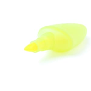 A yellow highlighter with a chisel tip, featuring a smooth, rounded design and a visible logo.