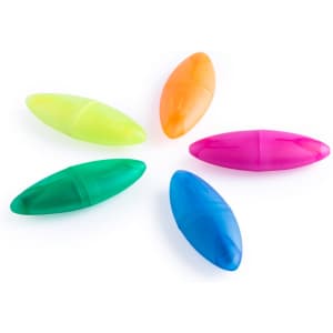 A collection of five highlighters in bright colours: green, blue, pink, orange, and yellow, each with a rounded design.