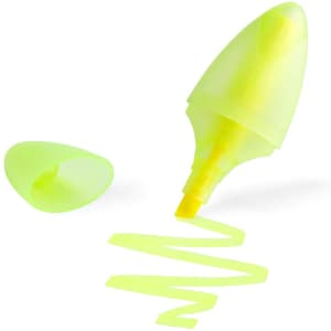 A highlighter in a translucent yellow casing, with a cap and highlighting ink flowing from the tip.