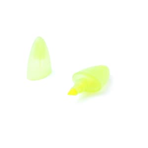 A highlighter in bright yellow with a tapered tip and a matching cap. It features a branding logo.
