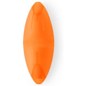 An orange highlighter in an oval shape with a logo on the surface.