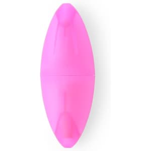 A pink highlighter in an oval shape with a smooth surface, featuring a logo.