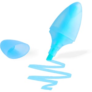 A blue highlighter with a cap off, featuring a spiralled line of ink in the same blue shade.