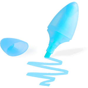 A blue highlighter with a cap, featuring a spiral of ink emerging from its tip.