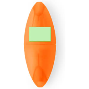 An orange highlighter with a green tip and a rectangular section on its body for labels or notes.