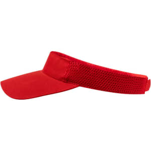 A red visor featuring a mesh band and a wide brim. It includes a logo on the front.