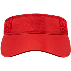 A red sun visor featuring a solid brim and mesh side panels, with a logo on the front.