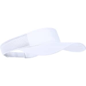 A white sun visor featuring a mesh band for breathability and a curved peak. It includes a logo on the side.