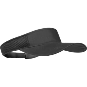 A black sun visor featuring a mesh band and a curved brim, ideal for headwear. It includes a branding logo.