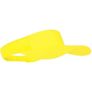 A bright yellow visors with a wide brim and adjustable strap, featuring a logo on the side.