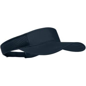 A navy blue sun visor featuring a breathable mesh band and a curved brim, perfect for outdoor activities.