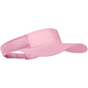 A pink visor featuring a mesh band, designed for sun protection and comfort. It includes a branding logo.