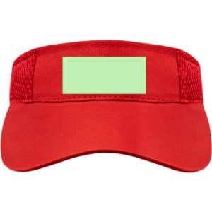 A red sun visor with a green blank area for customization and a mesh back for ventilation.
