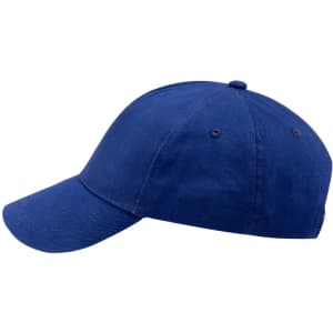 A navy blue cap with a curved brim and a button on top, featuring an embroidered logo.