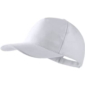A white cap with a curved brim and an adjustable strap at the back. It features a logo on the side.