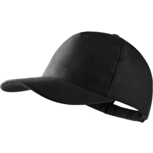 A black cap with a curved peak and an adjustable strap at the back, featuring a logo.
