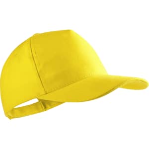 A yellow cap with a solid structure and a curved brim, featuring a branding logo on the side.