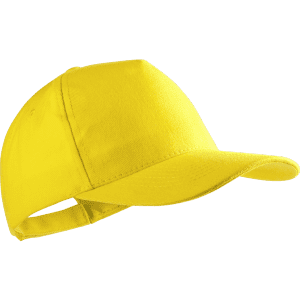 A yellow cap with a curved brim and an adjustable strap at the back, featuring a logo.