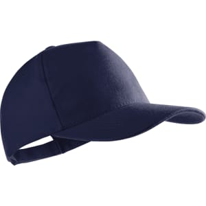 A navy blue cap featuring a structured design and a curved brim, with a logo on the front.