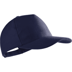 A navy blue cap with a curved brim and an adjustable strap at the back, featuring a logo.