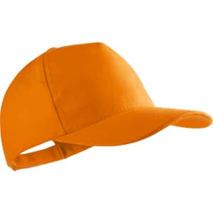 An orange cap with a pre-curved brim and an adjustable strap at the back, featuring a logo.