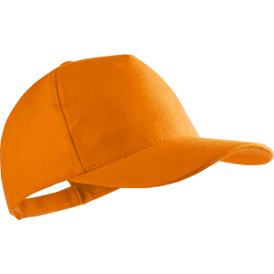 An orange cap featuring a curved brim and an adjustable back strap, with a logo on the front.