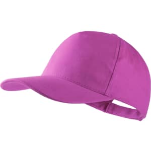 A pink cap with a curved brim and an adjustable strap at the back, featuring a logo.