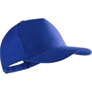 A blue cap with a curved brim and an adjustable back, featuring a logo on the front.