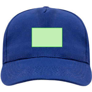 A blue cap with a blank rectangular area on the front and a curved brim. It features a logo on one side.
