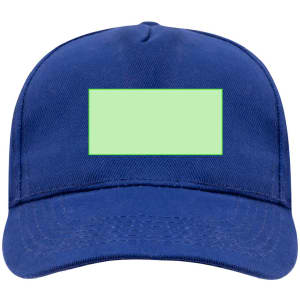 A blue cap featuring a green blank space on the front. It has a structured design and a curved brim.